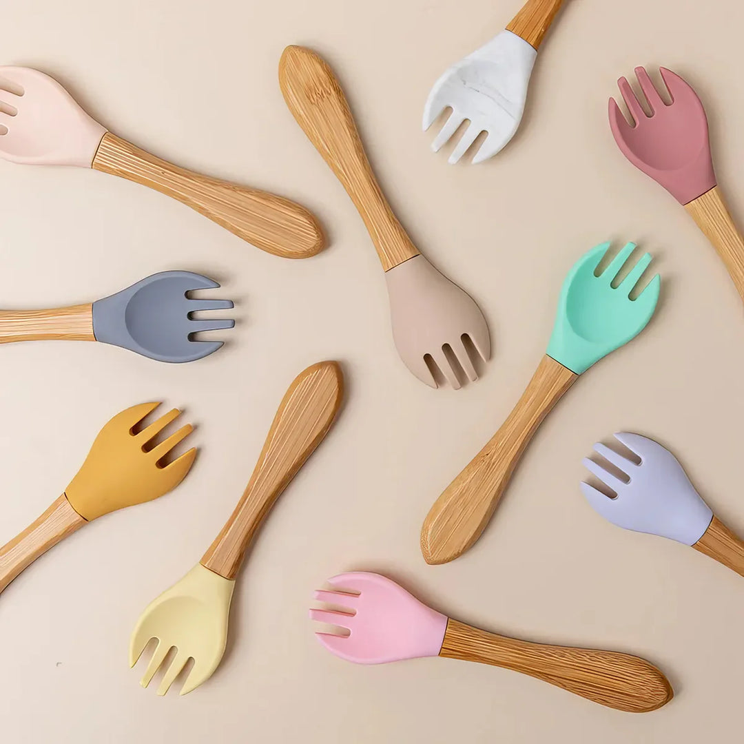 Baby Bamboo Fork Silicone Wooden Feeding Set