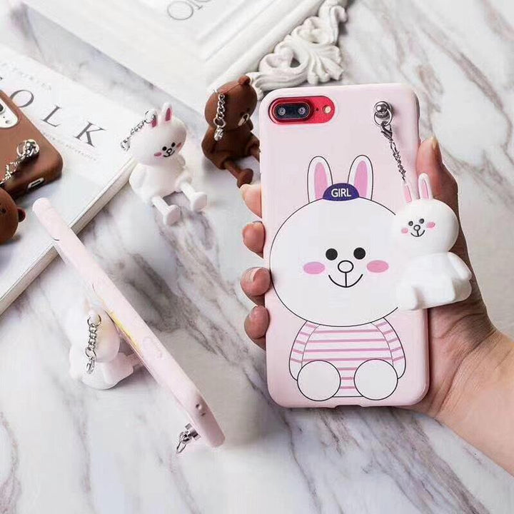 iPhone8/7PLUS doll pendant mobile phone shell 6S pink rabbit rubber sleeve iPhoneX/7 bear doll lanyard bracket - MRSLM