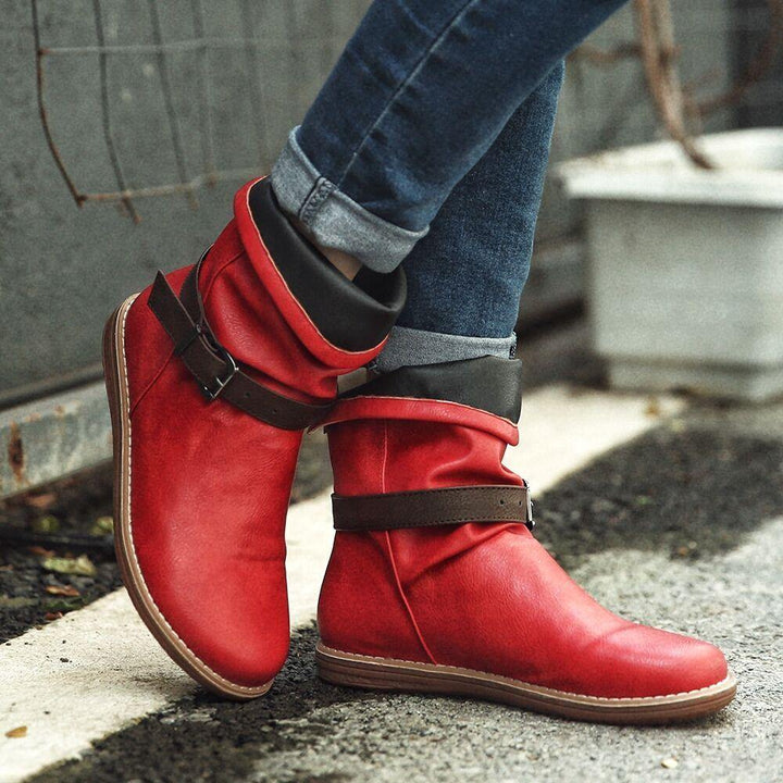 Retro Women's Leather Ankle Boots with Buckle Belt and Round Toe