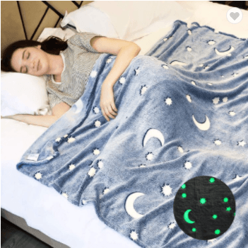 Glow In The Dark Fleece Blanket Throw Grey Stars / Moon - MRSLM