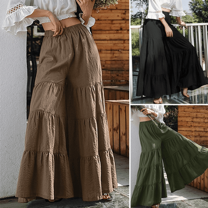 Casual Solid Elastic High Waist Pleated Stitching Wide Leg Pants for Women