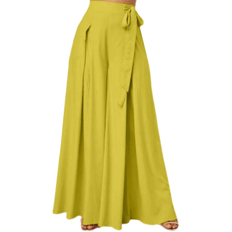 Women Solid Color Tie Waist Casual Swing Pants with Pocket - MRSLM