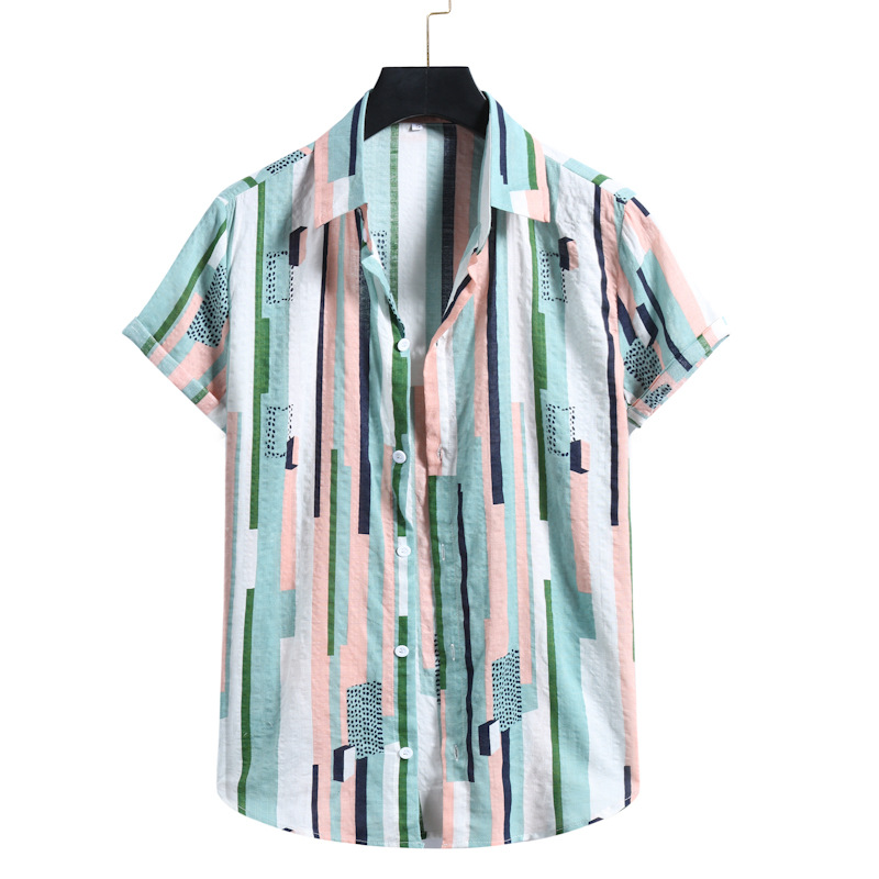 Mens 100% Cotton Vertical Striped Casual Short Sleeve Shirts