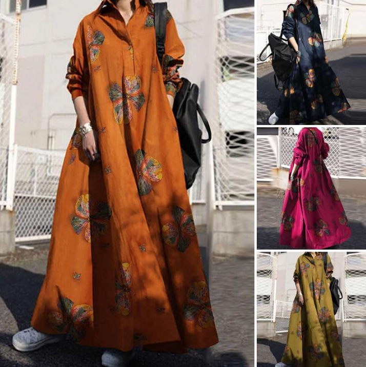 Women Floral Printing V-Neck Long Sleeve Button Holiday Casual Maxi Shirt Dress