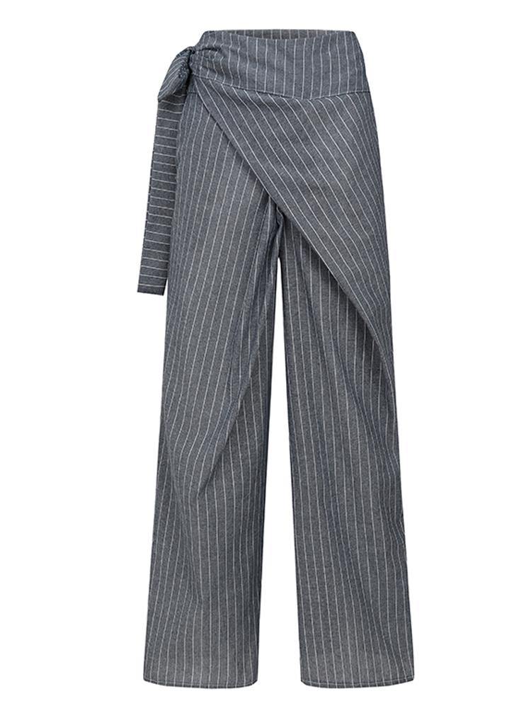 Women Stripe Print Asymmetrical Bandage Design Casual Wide Leg Pants