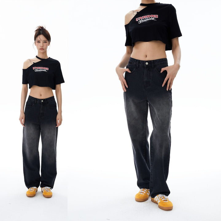 Women's Fashionable High-looking Loose Spray Color Denim Trousers