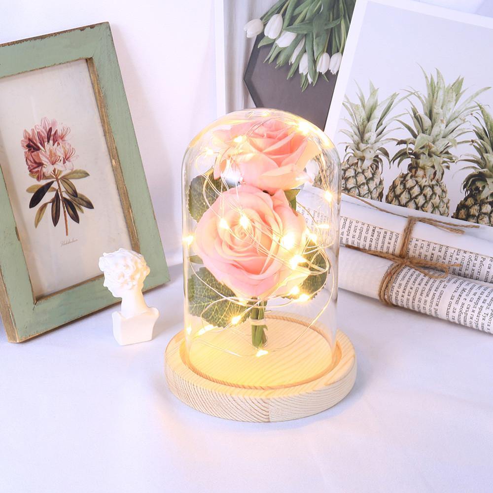 Romantic Immortal Flower Micro Landscape Rose Simulation Glass Shade Led Llight