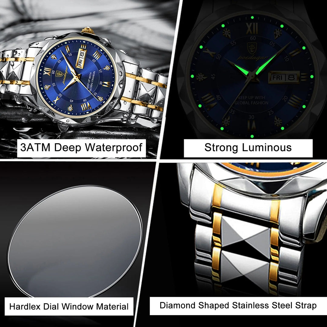 Luxury Stainless Steel Quartz Men's Watch with Luminous Date Week Display