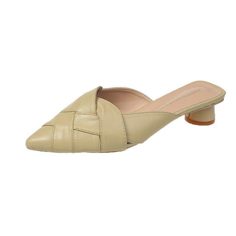 Pointed Soft Leather Sandals Women's Mid-heel Mules