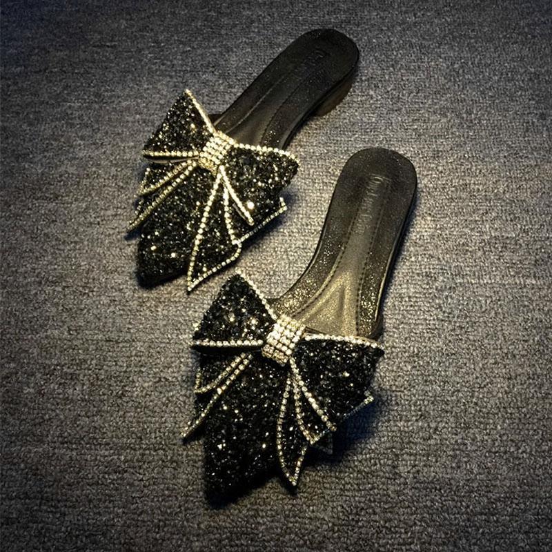 Fashion Women's Rhinestone Pointed Bow Half Slippers