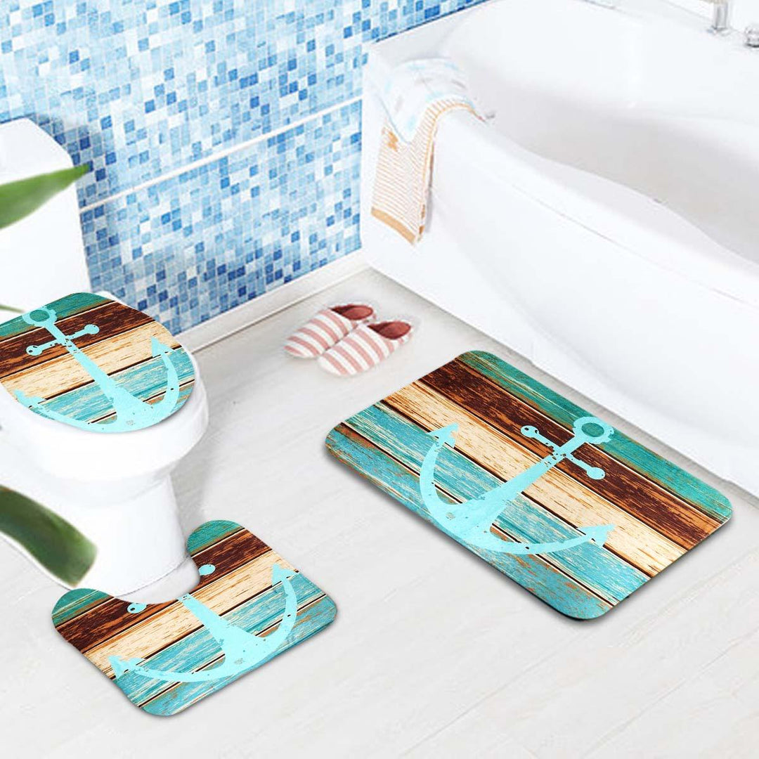 3Pcs Retro Old Style Anchor Non-Slip Bathroom Carpet Toilet Seat Cover Bath Mat Creative Set