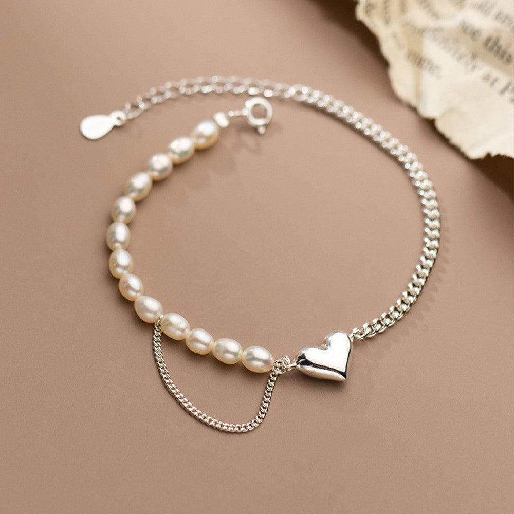 Silver Love Pearl Chain Bracelet Heart Shape