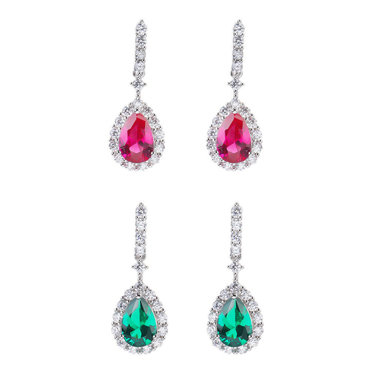 Female Sterling Silver Inlaid Red Corundum Zircon Water Drop Earrings