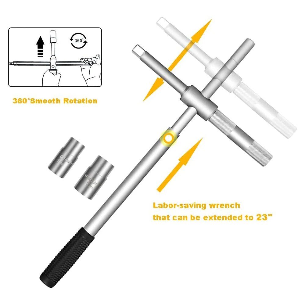 25" Universal Telescoping Tire Lug Nut Wrench with Dual Sockets and Storage Bag