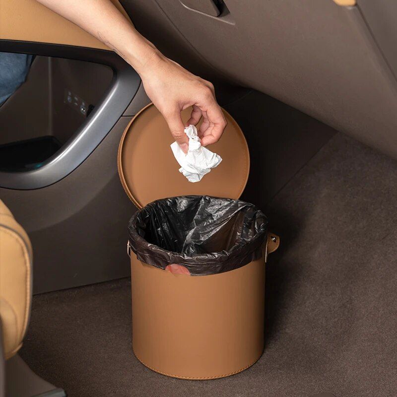 Deluxe Leather Car Trash Can with Rolling Cover