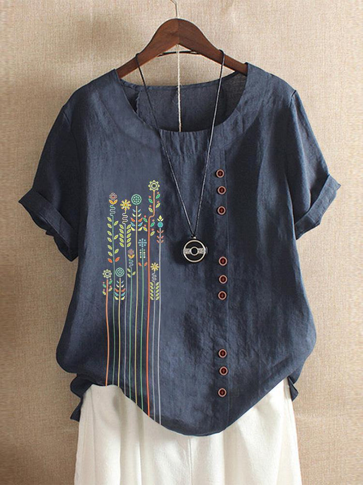 Bohemian Print Button Crew Neck Short Sleeve T-Shirts