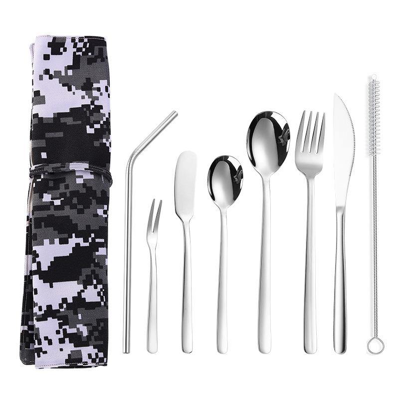 304 Stainless Steel Cutter Fork Spoon Set Portable Camouflage Western Tableware Bag Outdoor Dinnerware Set - MRSLM