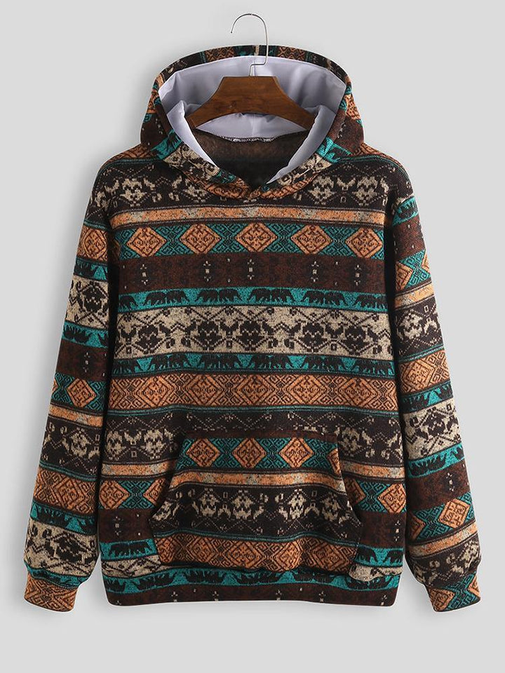 Mens Animal Printed Ethnic Style Casual Pocket Hooded Sweatshirt