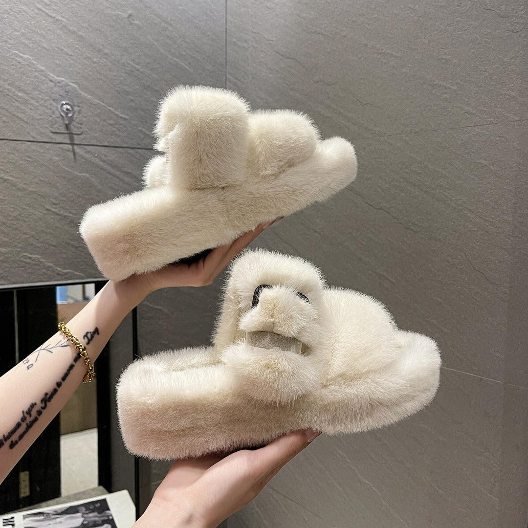 Women's Slippers With Thick Bottom Furry Slippers For Wearing Outside Home