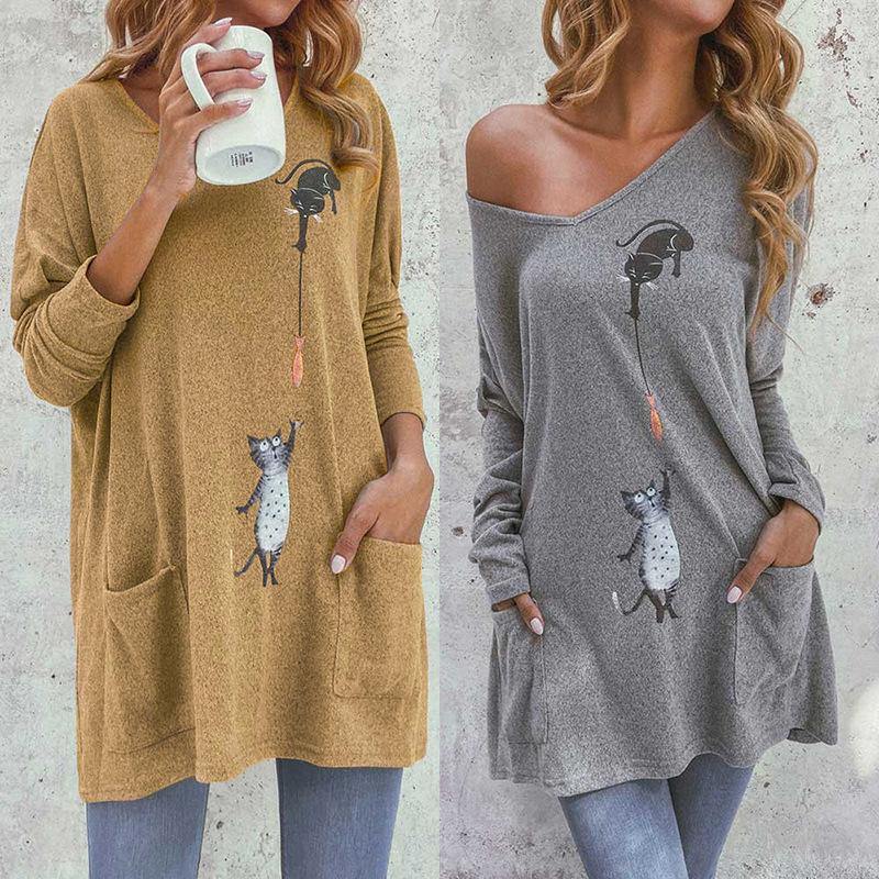 Cat print mid-length loose casual bottoming top