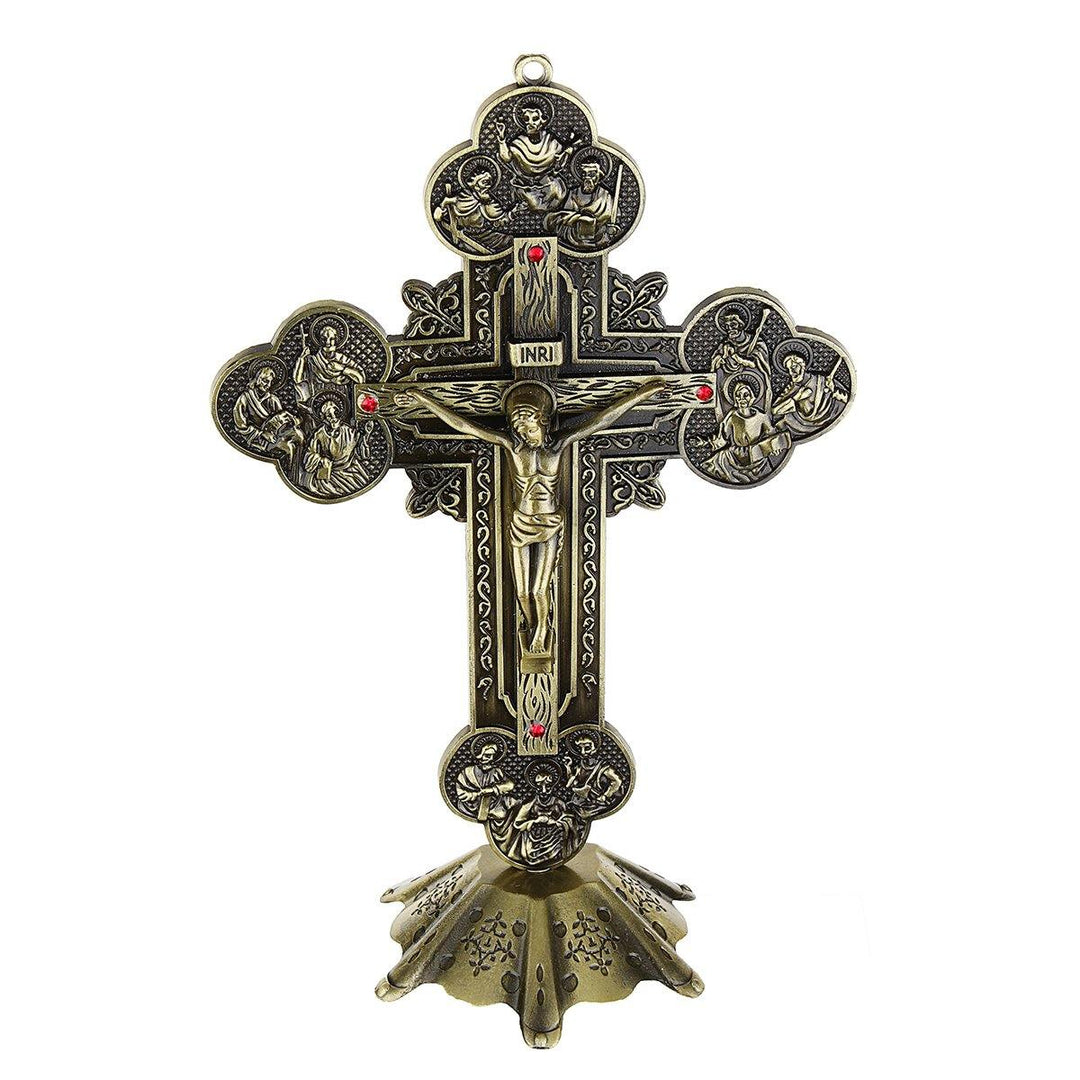 10" Antique Jesus INRI Catholic Altar Standing Religious Crucifix Cross Decorations with Base