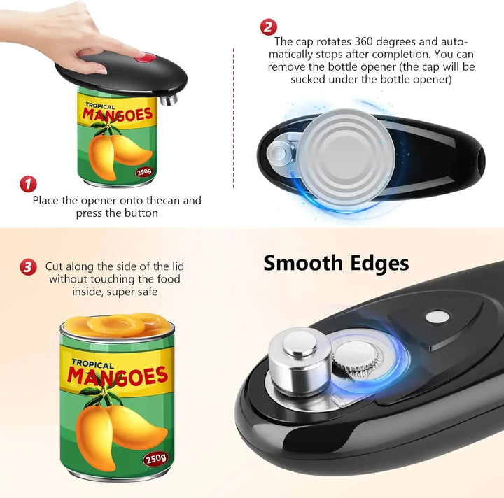 Compact Automatic Can Opener: Multi-Function Lid & Bottle Opener