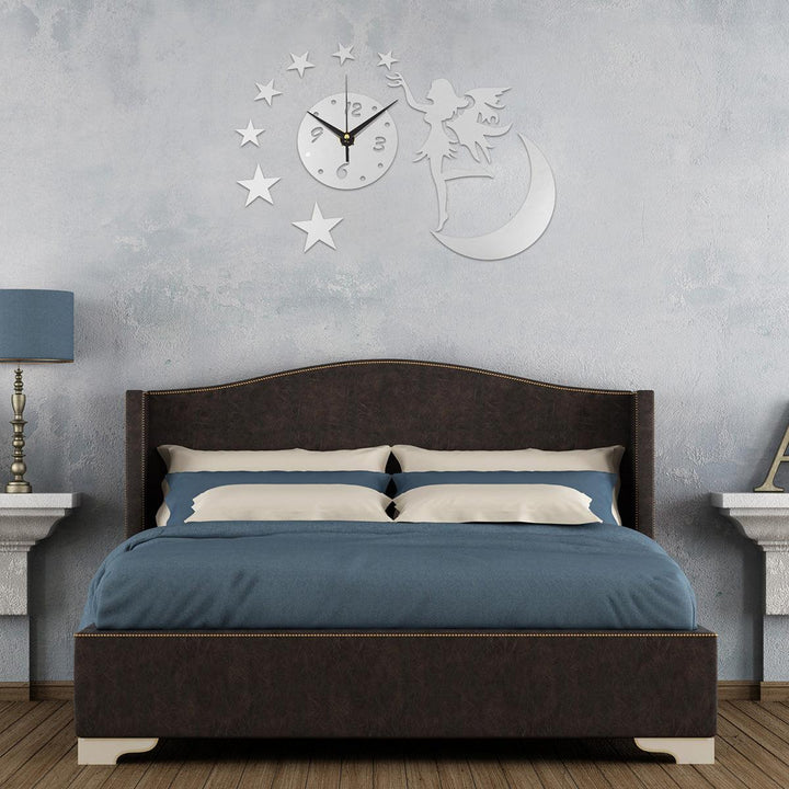 3D DIY Clock Acrylic Mirror Wall Sticker Fairy Angel Moon Star TV Backdrop Home Bedroom Wall Decoration Art Supplies