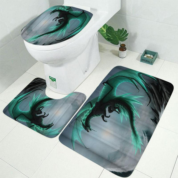 4PCS Flying Dragon Waterproof Bathroom Shower Curtain Toilet Cover Bath Mat Non-Slip Rug Set with 12 Hooks