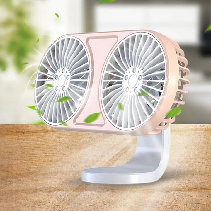 360¬∞ Rotating Dual-Head USB Car Fan with Ambient Lighting