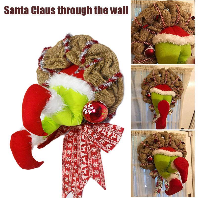 Christmas Thief Stole Burlap Wreath Santa Legs Decoration, Festival Door Wall Family Gifts Reusable Bowknot Hoop