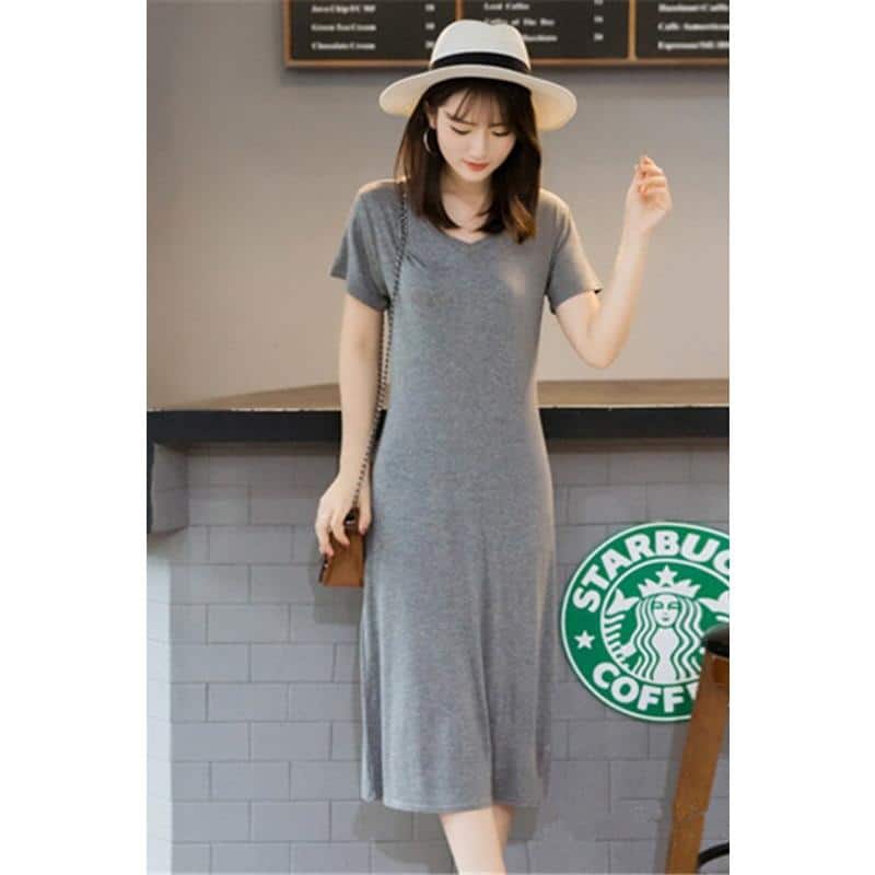 Women's Solid V-Neck Short Sleeved Summer T-Shirt Dress