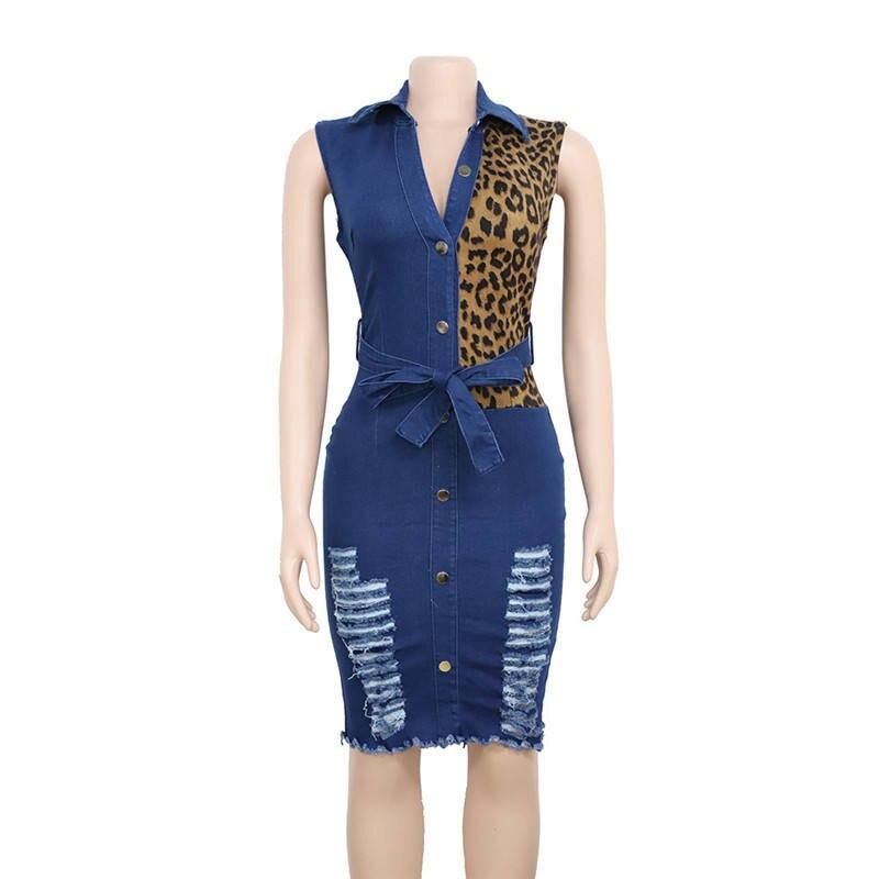 Women's Leopard Print Detail Denim Dress