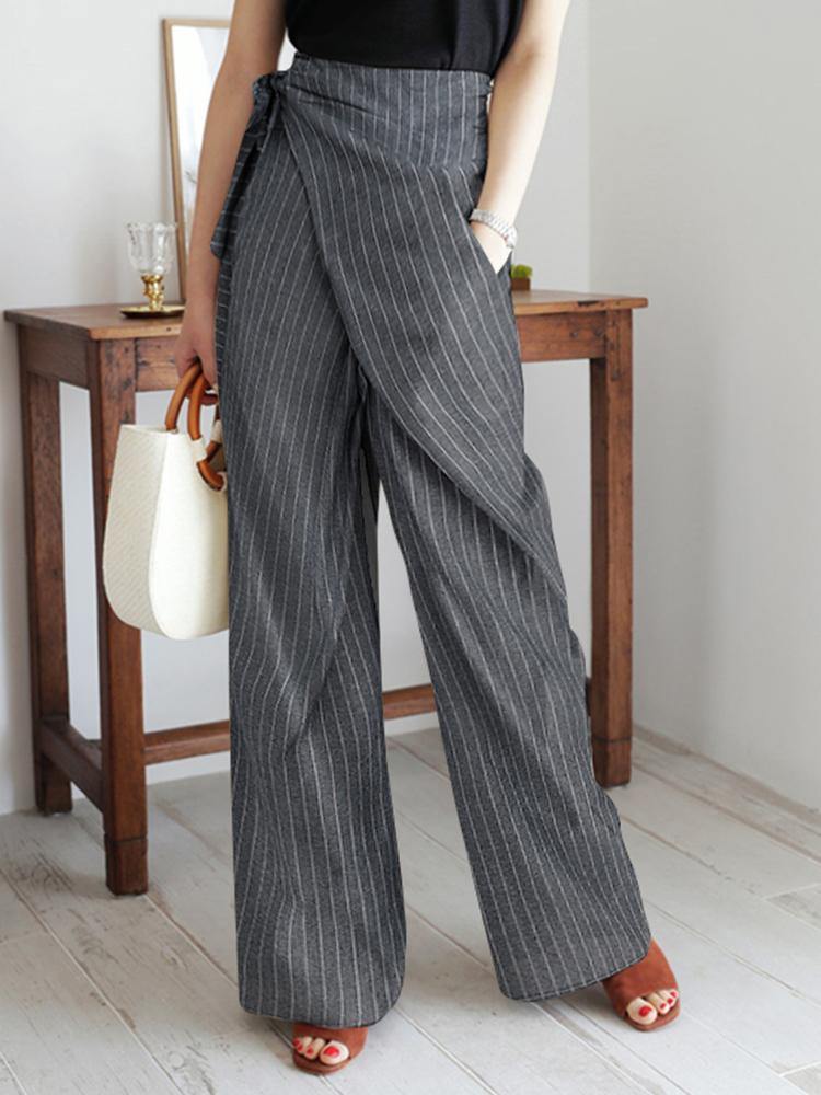 Women Stripe Print Asymmetrical Bandage Design Casual Wide Leg Pants