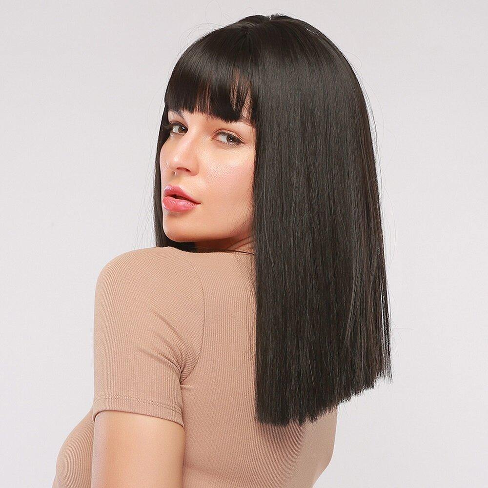 16 Inch Black Medium Length Straight Hair Natural Shawl Breathable Bangs Synthetic Wigs