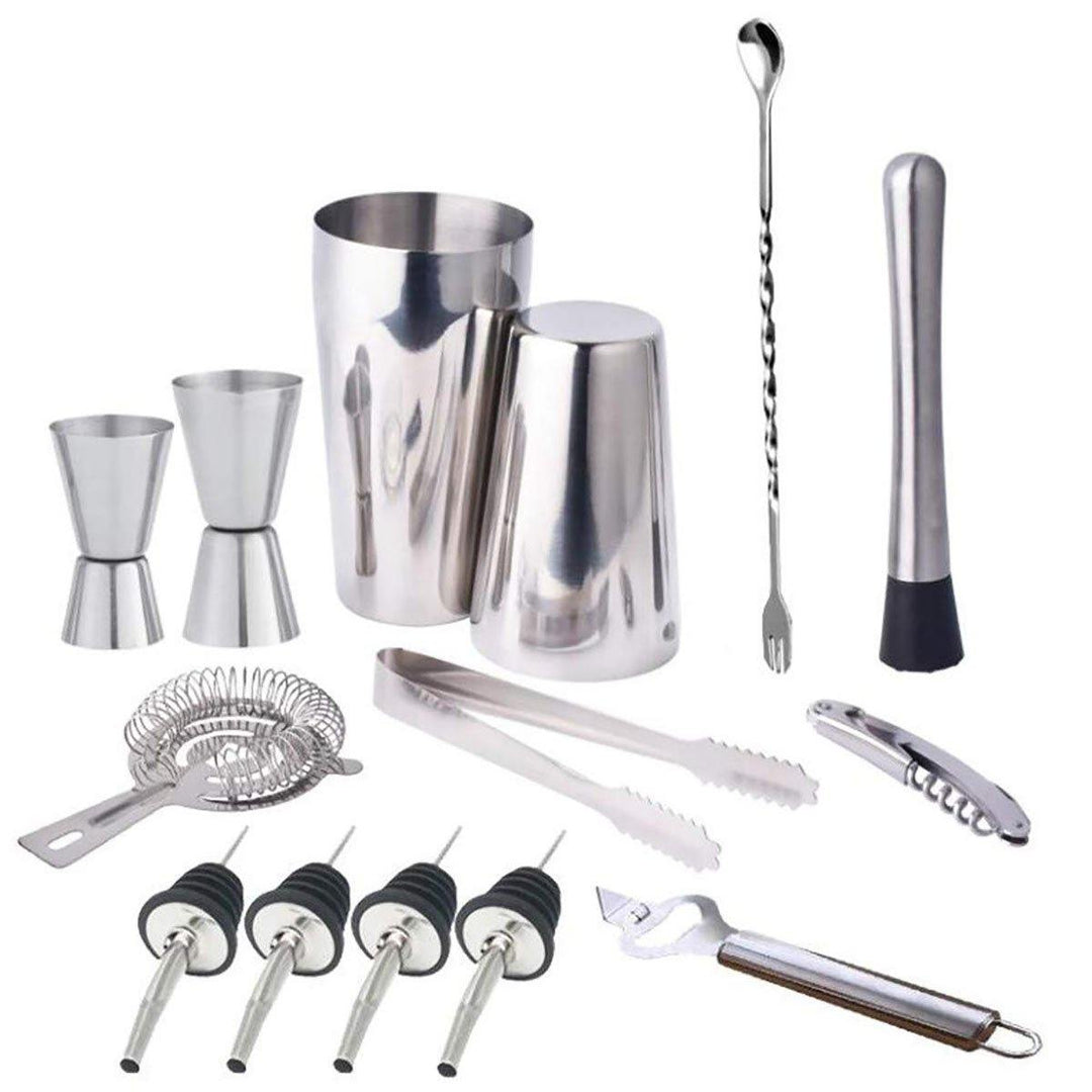 14Pcs Cocktail Maker Set Shaker Glass Twisted Bar Spoon Strainer Wood Muddler