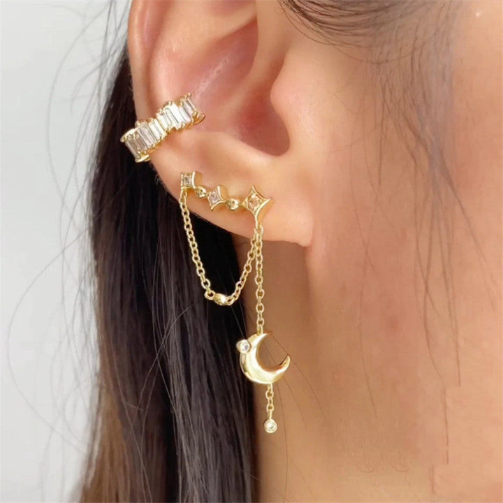 Sterling Silver INS Star Moon Tassel Ear Clip