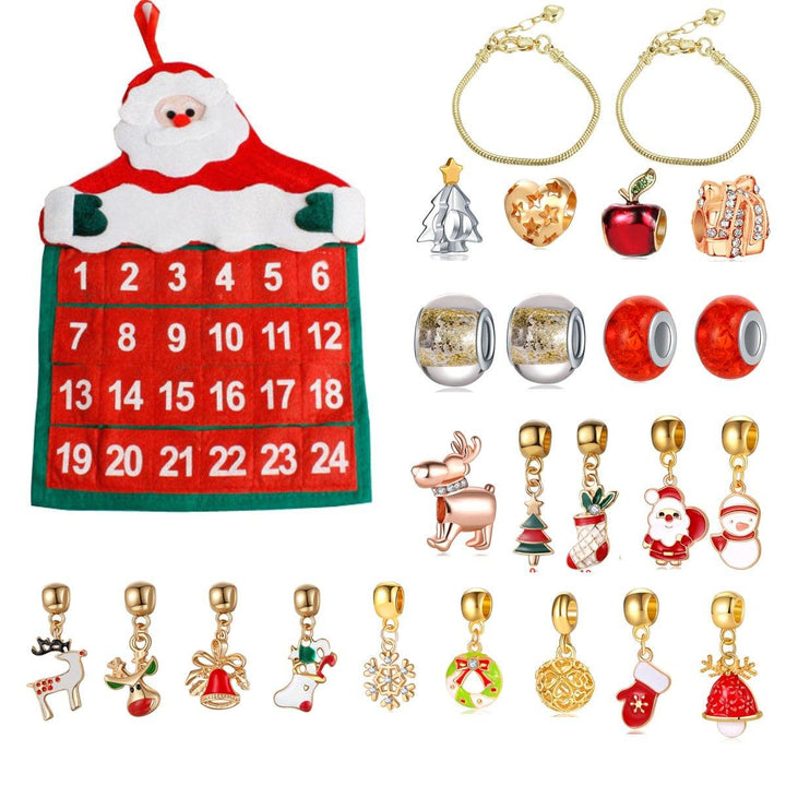 Christmas Jewelry Gift Calendar Cloth Bag Bracelet Necklace Beads DIY Gift Set (Red)