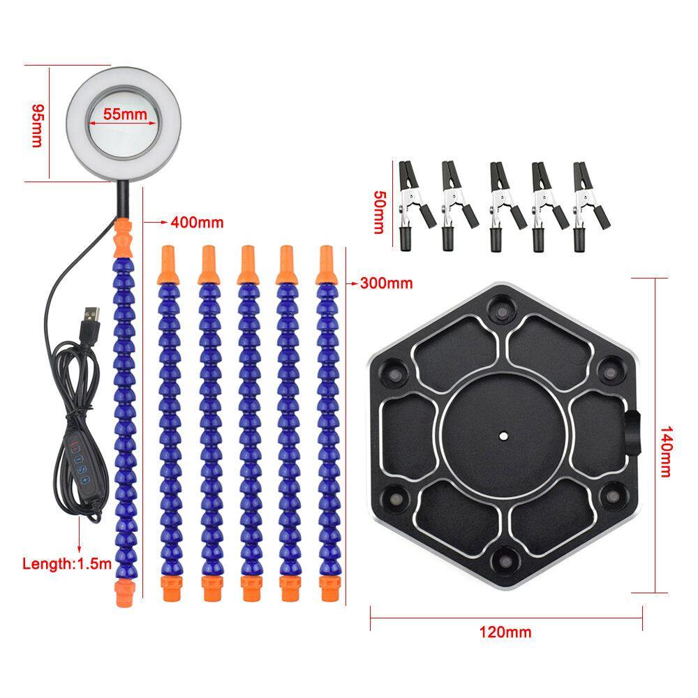 NEWACALOX Soldering PCB Holder Tool Six Arms Helping Hands Third Hand Crafts Repair Helping Welding Station USB LED Magnifier