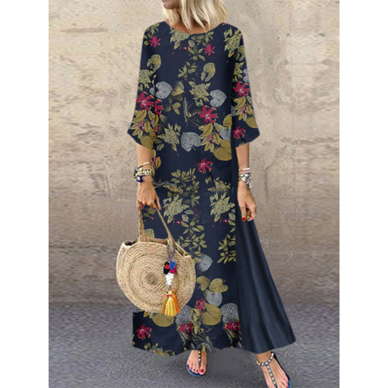 Women Floral Print O-Neck 3/4 Sleeve Casual Belted Maxi Dresses