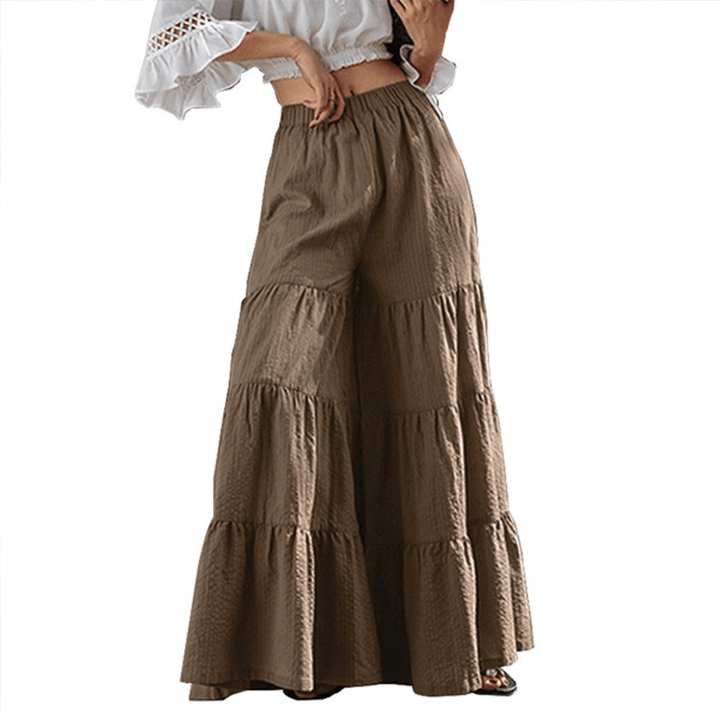 Casual Solid Elastic High Waist Pleated Stitching Wide Leg Pants for Women