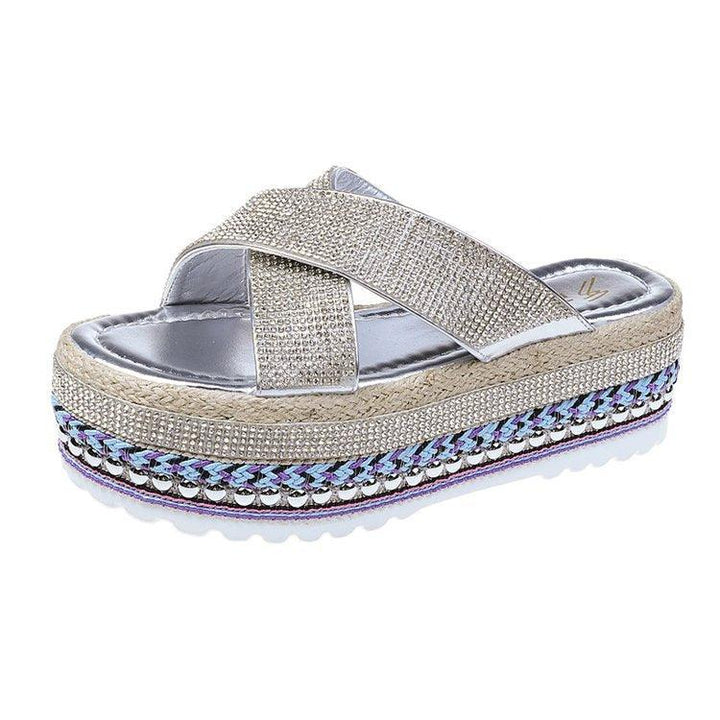 Cross Rhinestone Woven Waterproof Platform Toe Women's Slippers