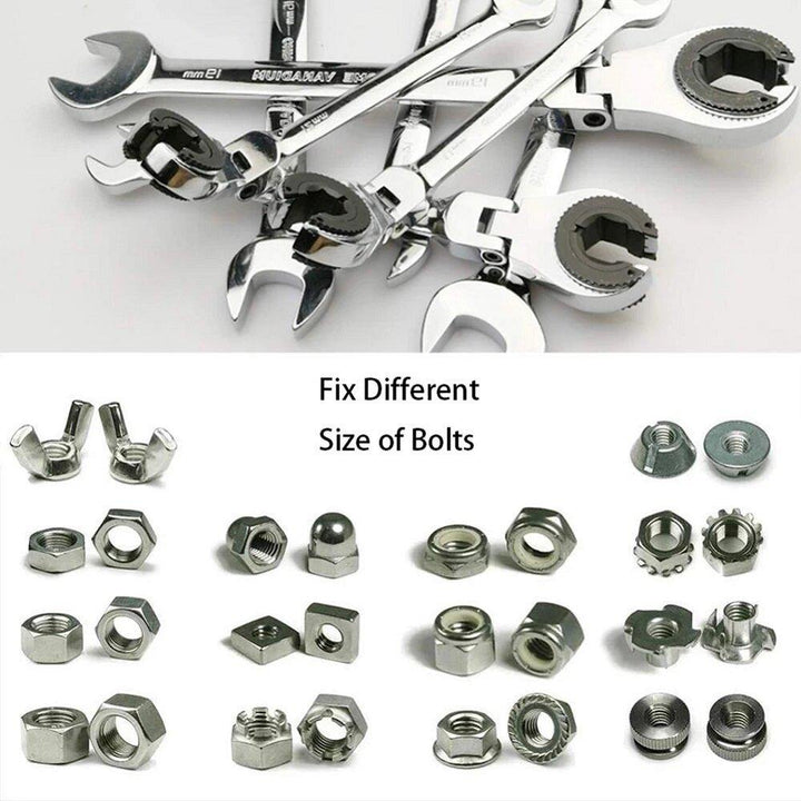 12PCS 8-19mm Fix Tubing Wrench Set Ratchet with Flex Movable Head Universal Spanner Tool Set