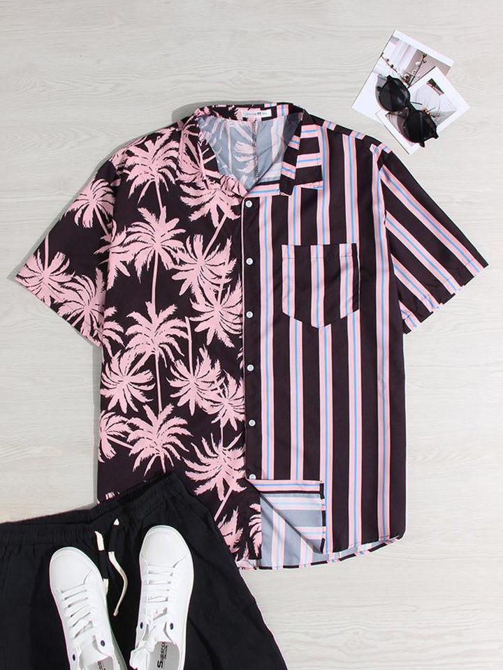 Men Coconut Tree Colorful Stripe Mixed Print Short Sleeve Casual Holiday Shirts