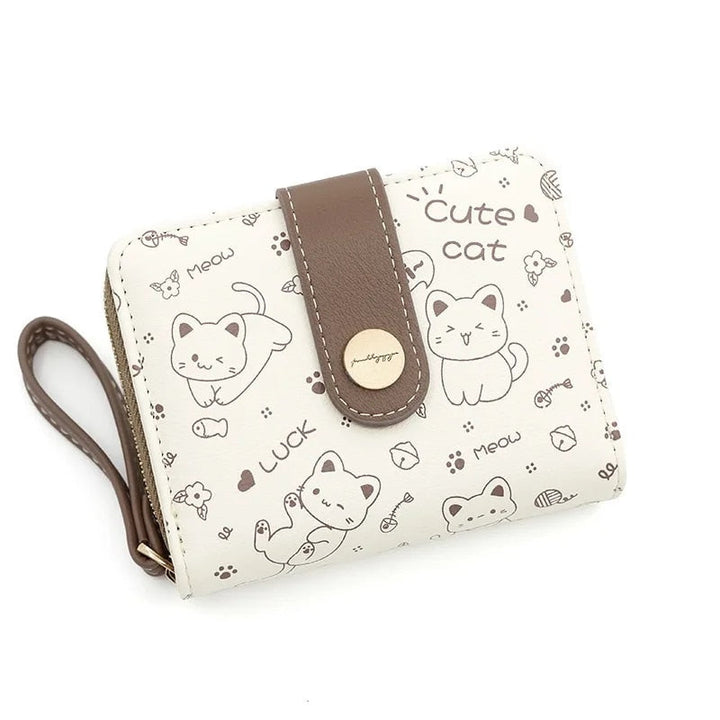 Cute Cat Compact Wallet - Zippered Coin and Card Holder with Key Storage