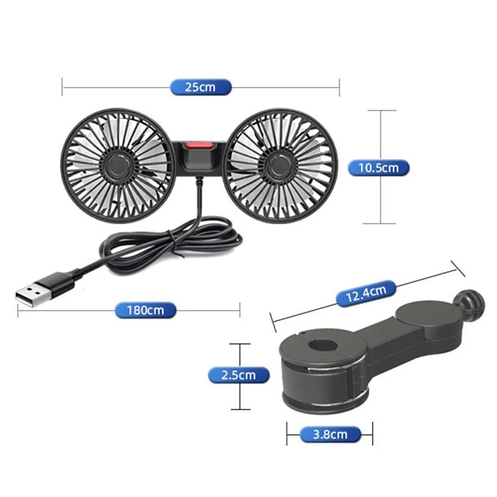 Dual Head USB Car Fan with 360¬∞ Rotation for 12V/24V Vehicles