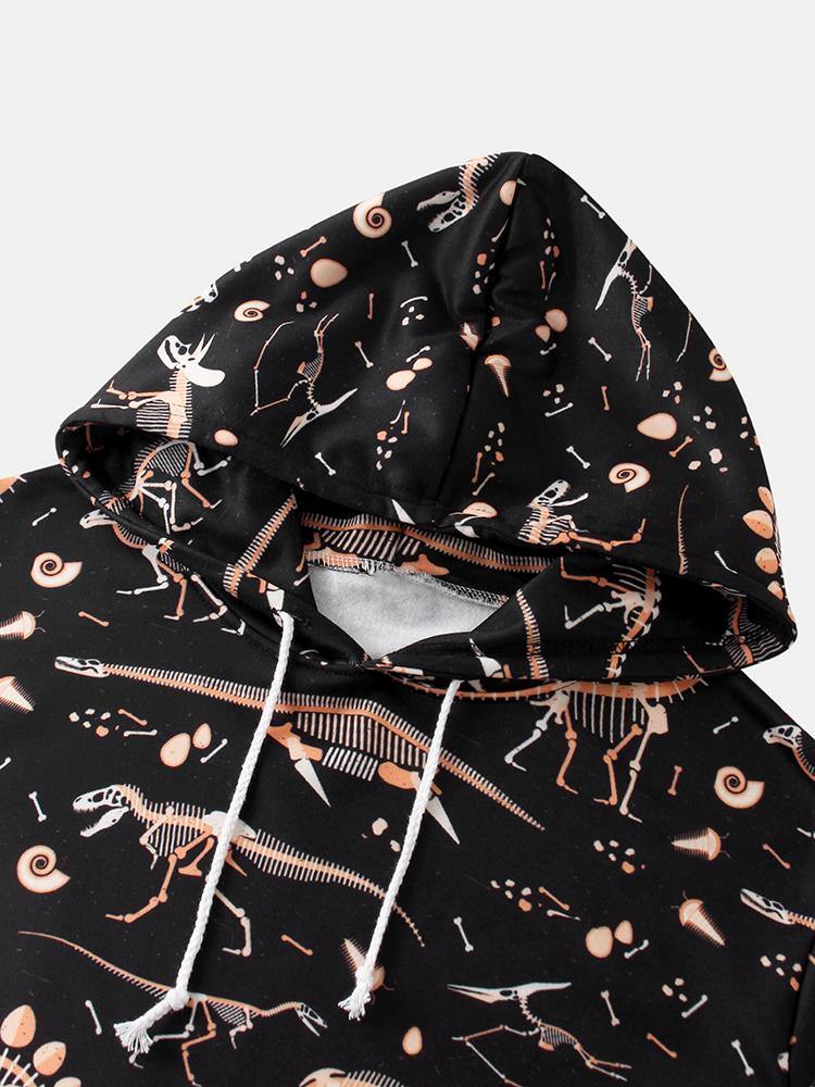 Mens Allover Dinosaur Fossil Print Loose Casual Kangaroo Pocket Drawstring Hoodies