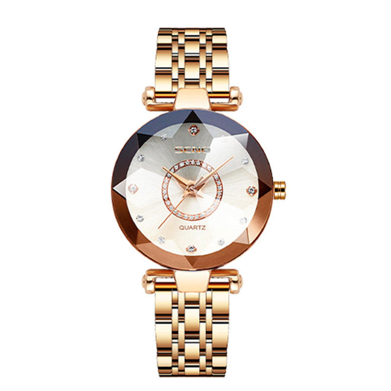 Starry Diamond Face Bright Polygonal Glass Solid Stainless Steel Strap Women's Waterproof Watch