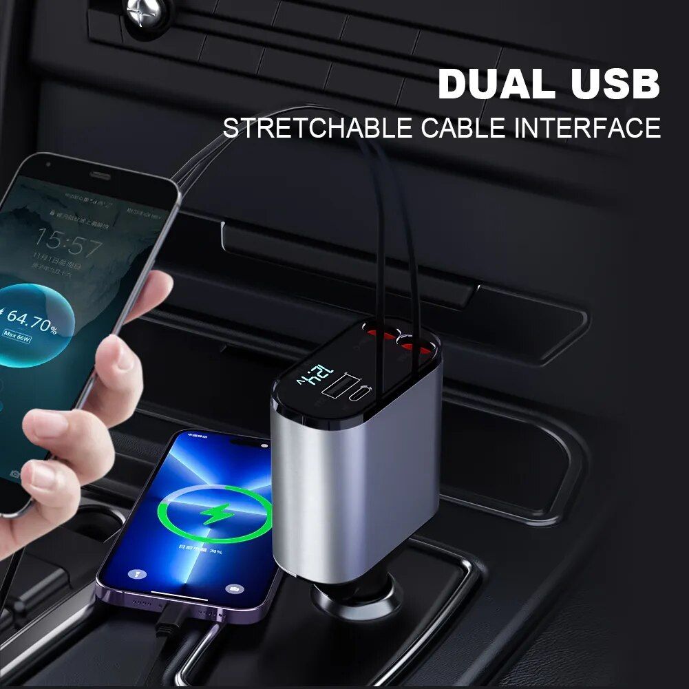 4-in-1 USB Car Fast Charger with PD QC3.0 & Digital Display