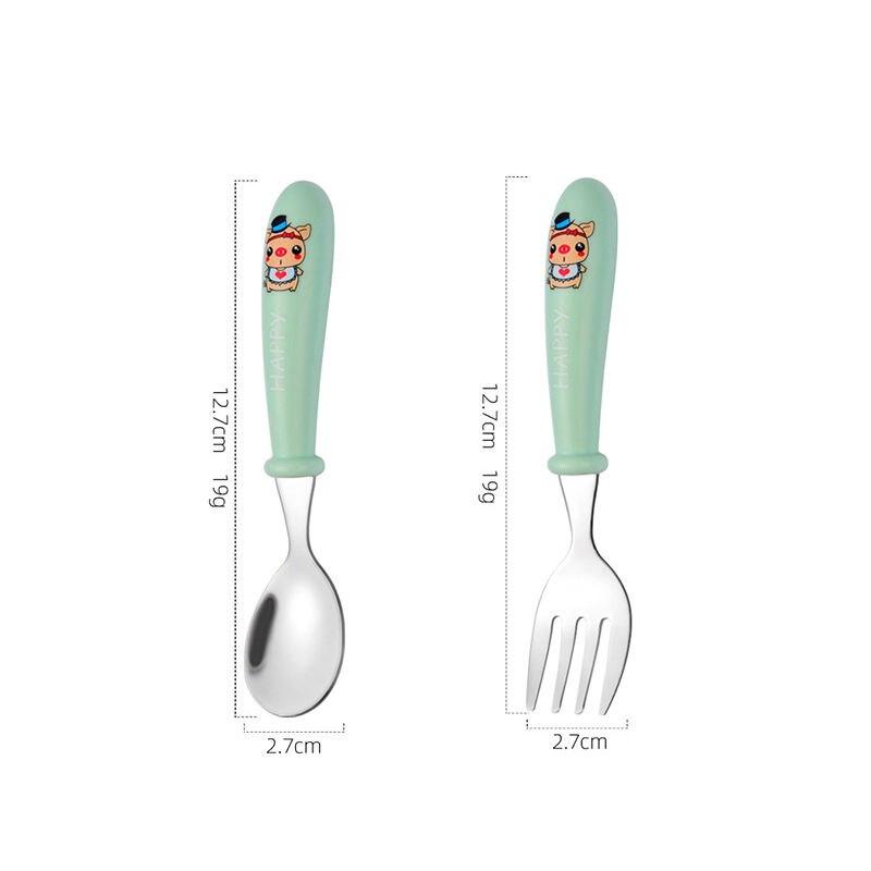 Stainless Steel Toddler Cutlery Set - Cartoon Infant Feeding Spoon & Fork with Travel Case