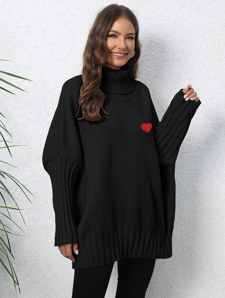 Women's Clothing Knitted Solid Color Turtleneck Lapel Loose Woven Love Stickers Sweater